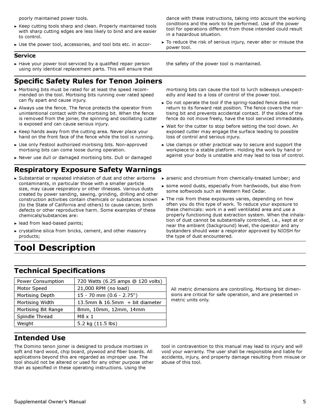 Festool PI574447, PN574447 Tool Description, Specific Safety Rules for Tenon Joiners, Respiratory Exposure Safety Warnings 