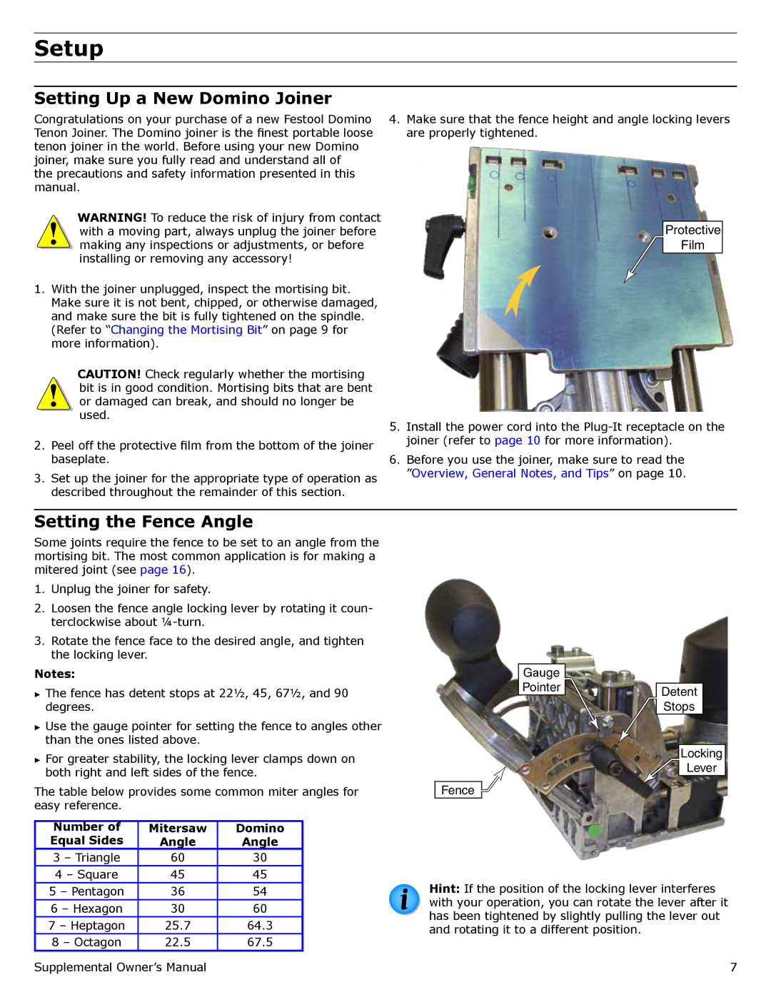 Festool PN574422, PI574447, PN574447, PD574447, PI574422 Setup, Setting Up a New Domino Joiner, Setting the Fence Angle 