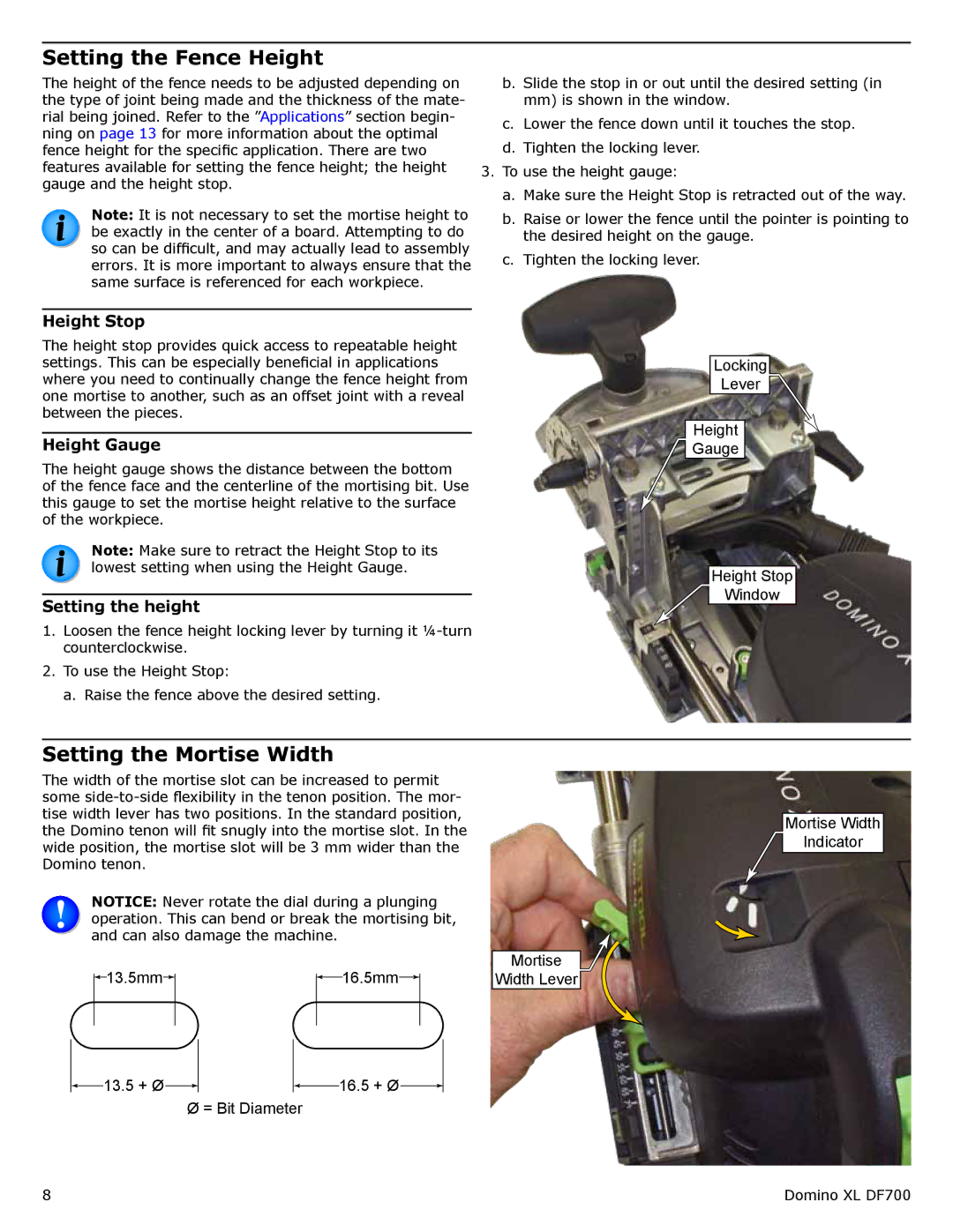 Festool PD574447 Setting the Fence Height, Setting the Mortise Width, Height Stop, Height Gauge, Setting the height 