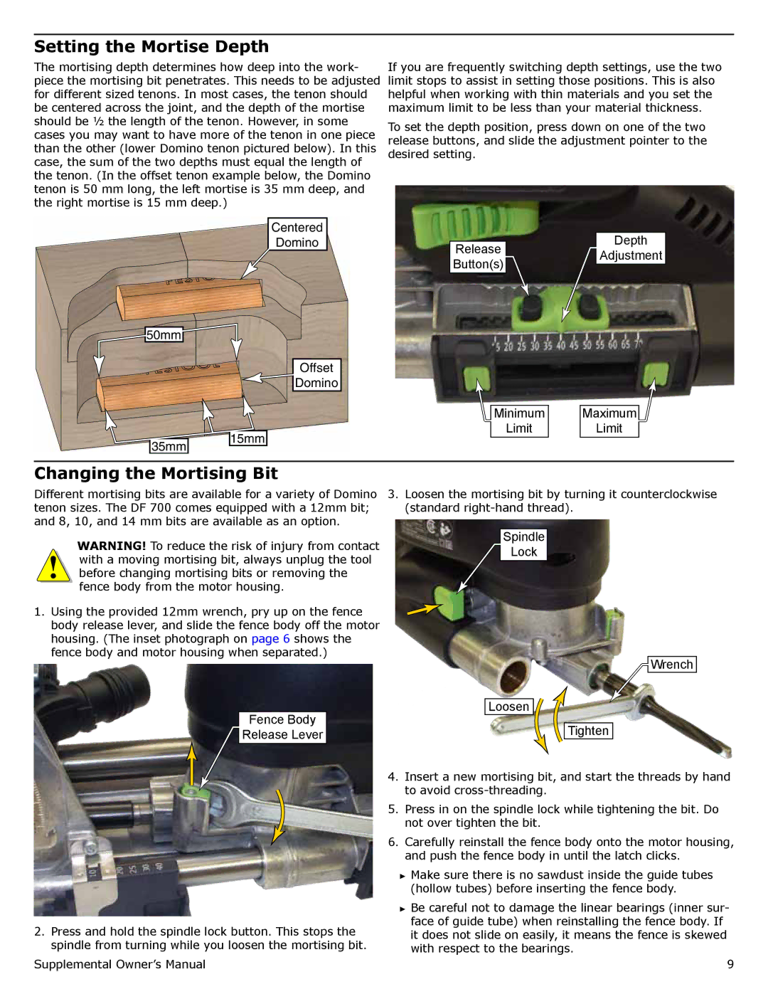 Festool PI574422, PI574447, PN574447, PN574422, PD574447 user manual Setting the Mortise Depth, Changing the Mortising Bit 