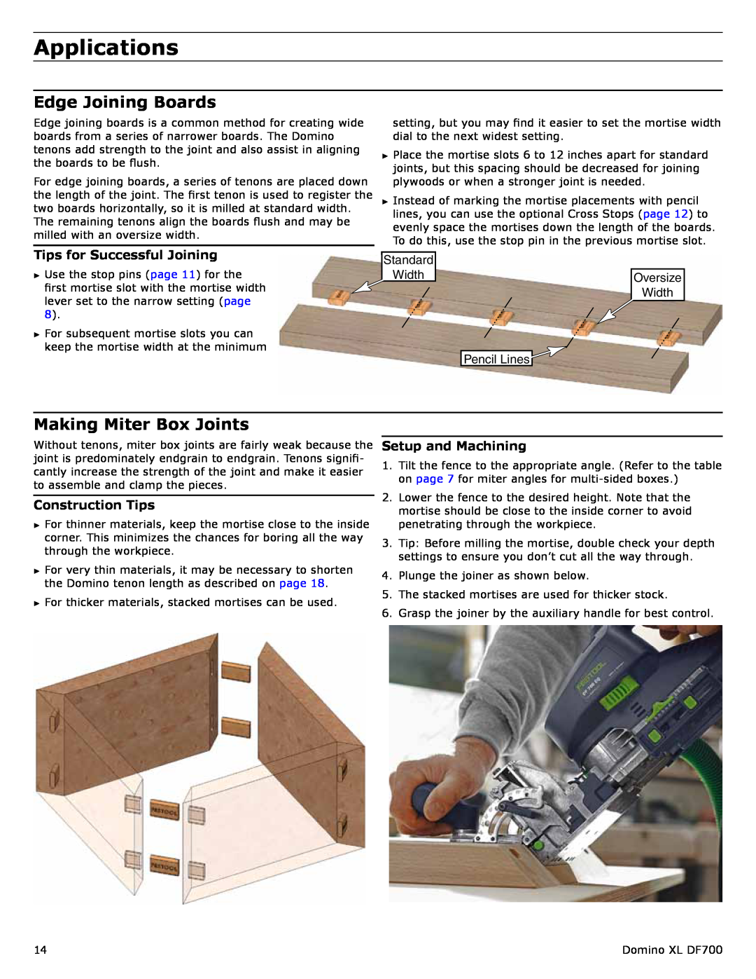 Festool PI574422, PI574447 Applications, Edge Joining Boards, Making Miter Box Joints, Tips for Successful Joining 