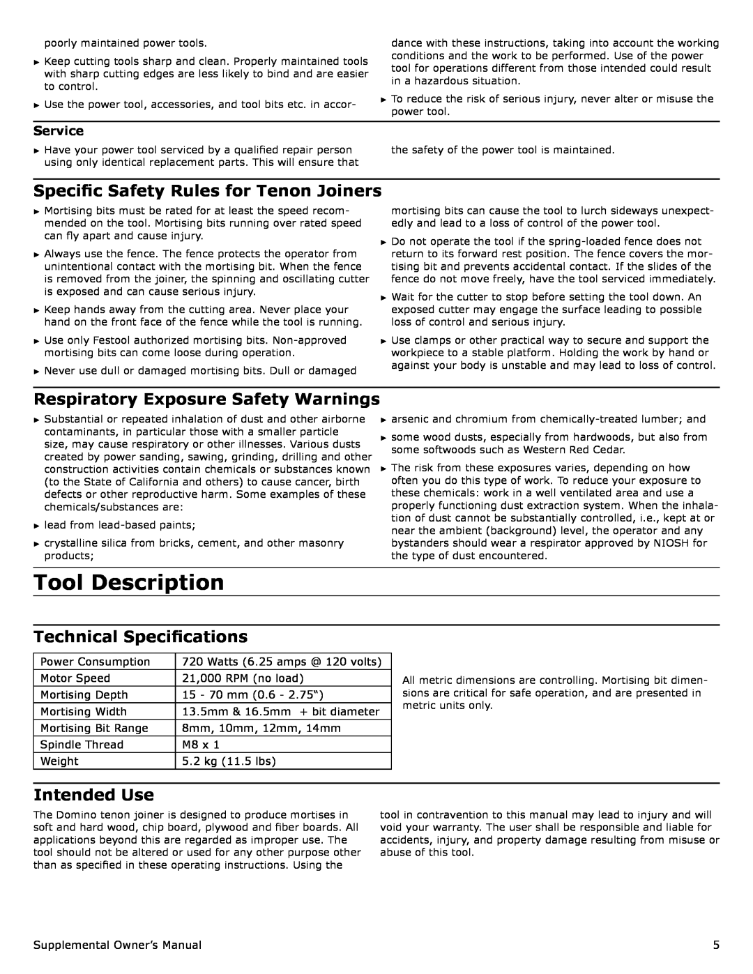 Festool PI574447 Tool Description, Specific Safety Rules for Tenon Joiners, Respiratory Exposure Safety Warnings, Service 