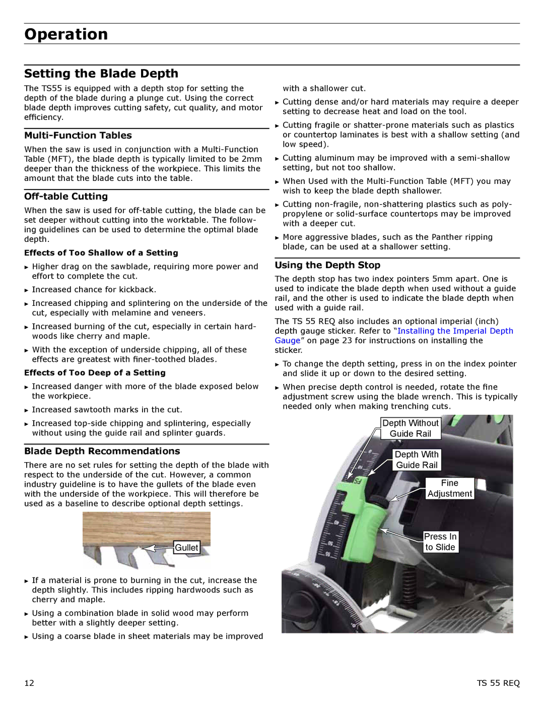 Festool PM561556, PI561556, PD561556, PD561432 user manual Operation, Setting the Blade Depth 