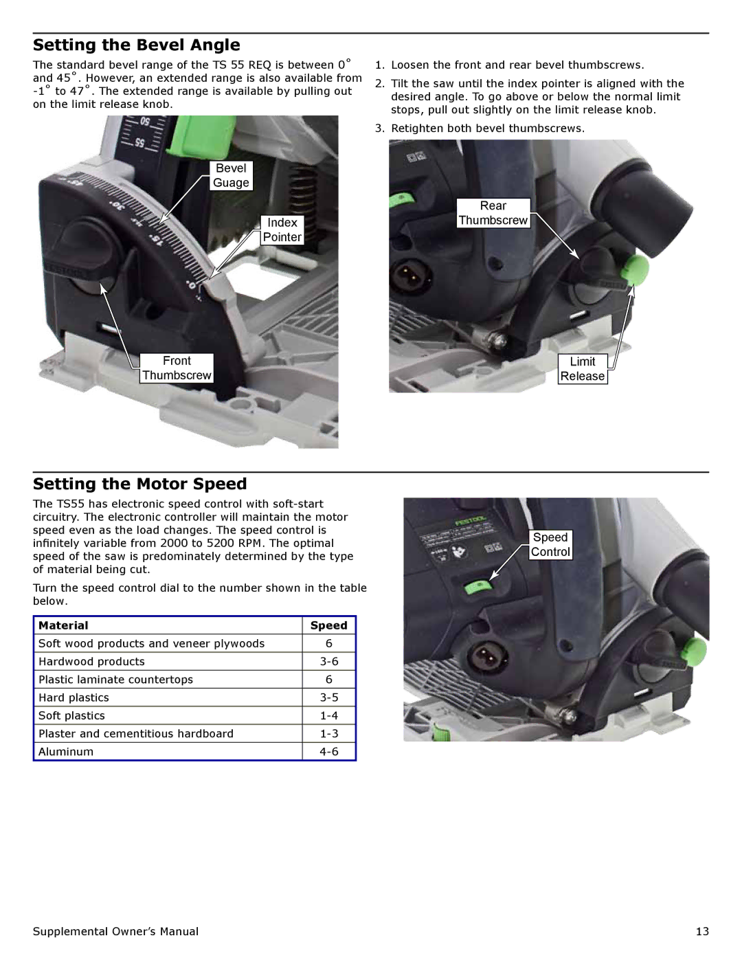 Festool PI561556, PM561556, PD561556, PD561432 user manual Setting the Bevel Angle, Setting the Motor Speed, Speed Control 