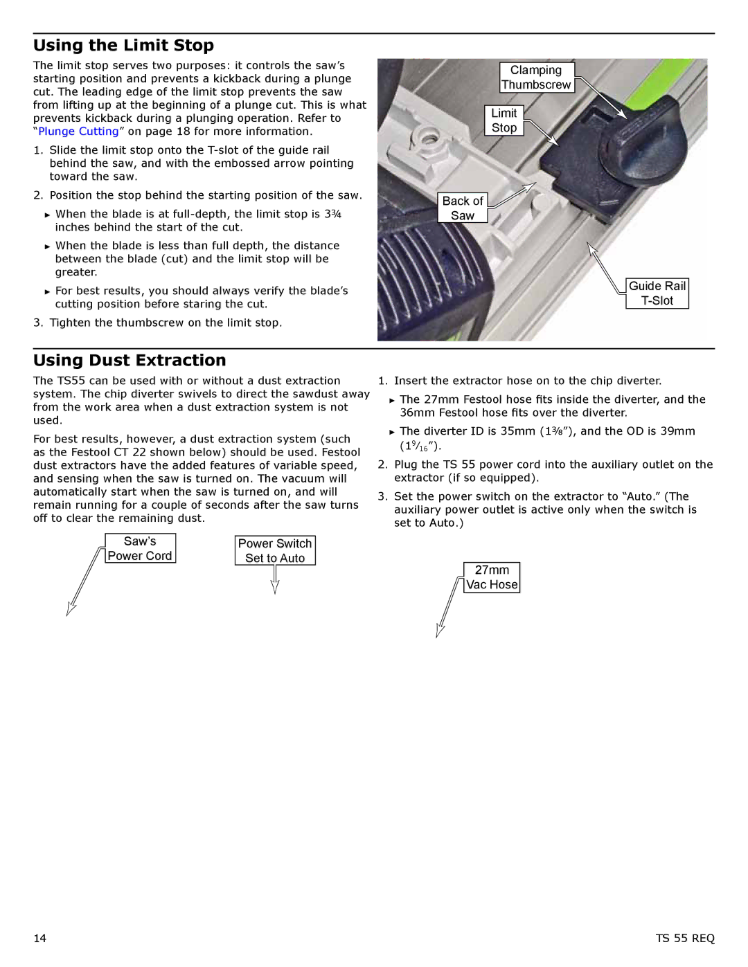 Festool PD561556 Using the Limit Stop, Using Dust Extraction, Clamping Thumbscrew Limit Stop Back Saw Guide Rail Slot 