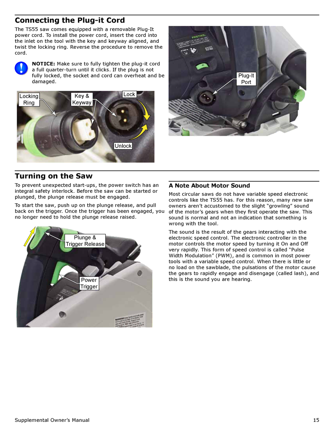 Festool PD561432 Connecting the Plug-it Cord, Turning on the Saw, Locking Key Ring Keyway Unlock Plug-It Port 