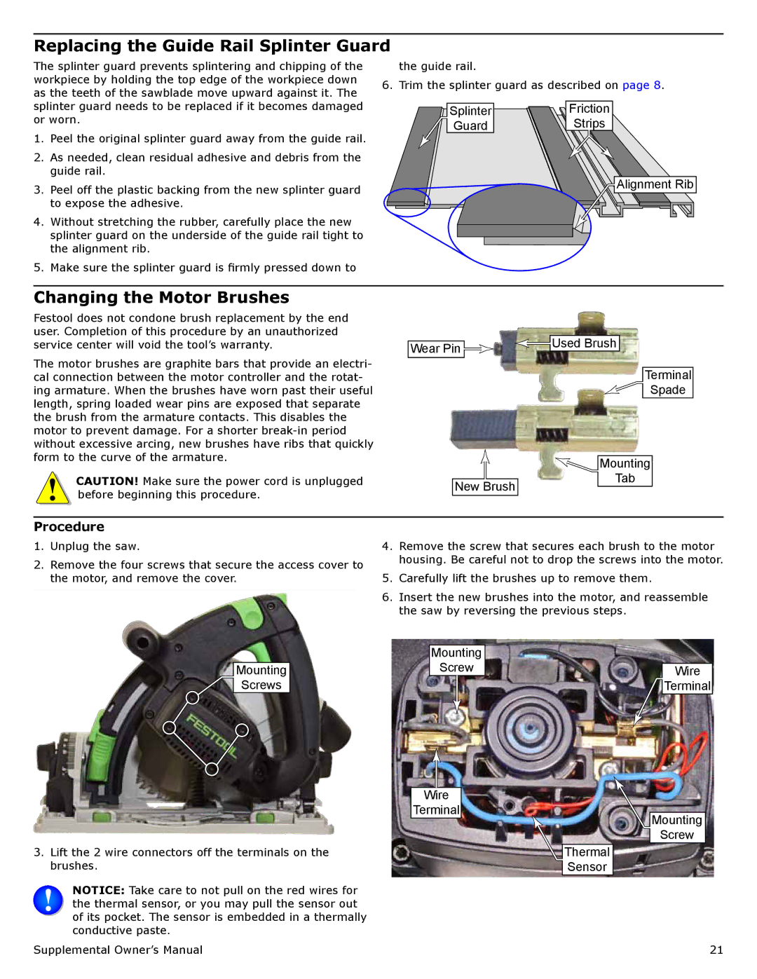 Festool PI561556, PM561556, PD561556 Replacing the Guide Rail Splinter Guard, Changing the Motor Brushes, Procedure 