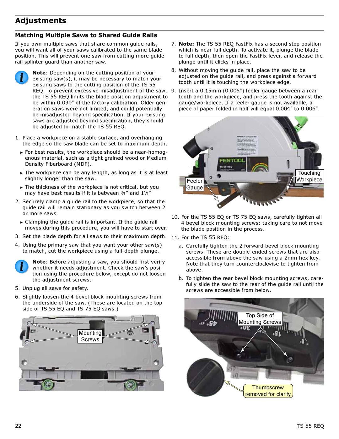 Festool PD561556, PM561556, PI561556, PD561432 user manual Adjustments, Matching Multiple Saws to Shared Guide Rails 