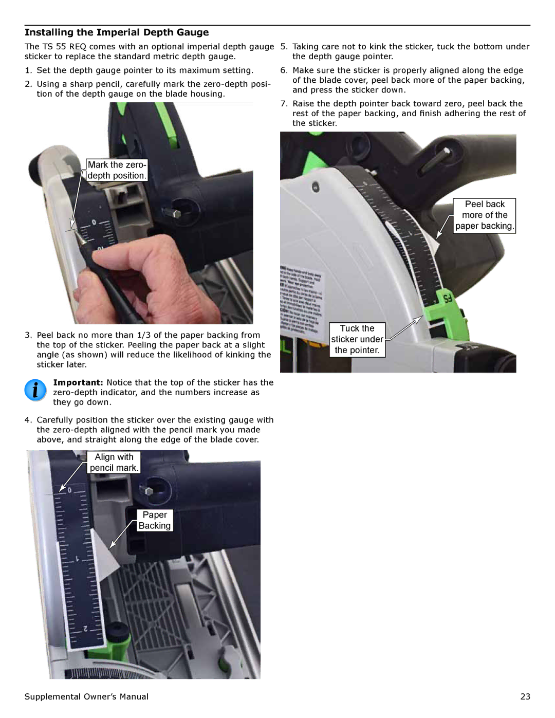 Festool PD561432, PM561556, PI561556, PD561556 user manual Installing the Imperial Depth Gauge, Mark the zero- depth position 