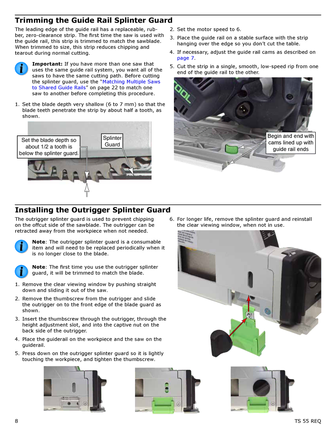 Festool PM561556, PI561556, PD561556 Trimming the Guide Rail Splinter Guard, Installing the Outrigger Splinter Guard 