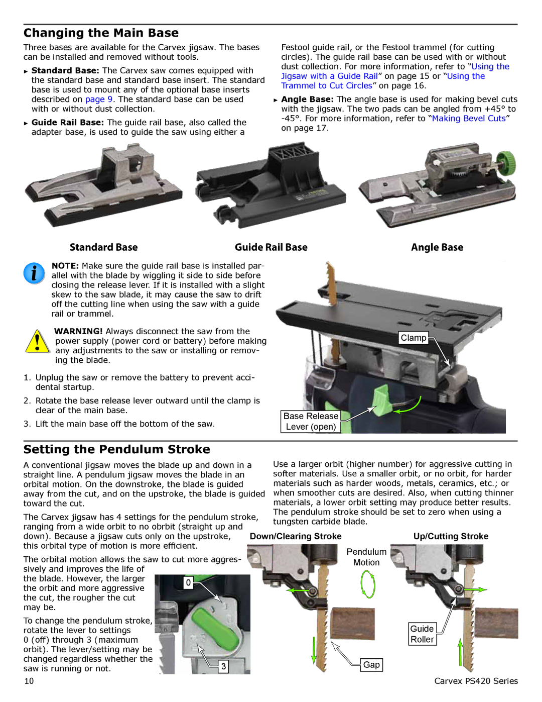 Festool PM561593, PI561608, PN561593 Changing the Main Base, Setting the Pendulum Stroke, Base Release Lever open Clamp 