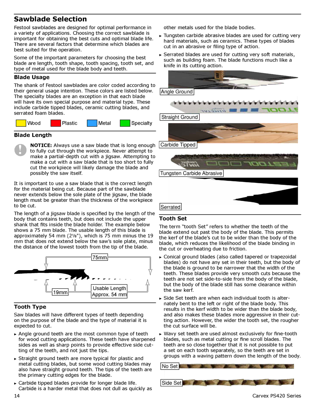 Festool PI561668, PM561593, PI561608, PN561593, PD561593 Sawblade Selection, Blade Usage, Blade Length, Tooth Type, Tooth Set 