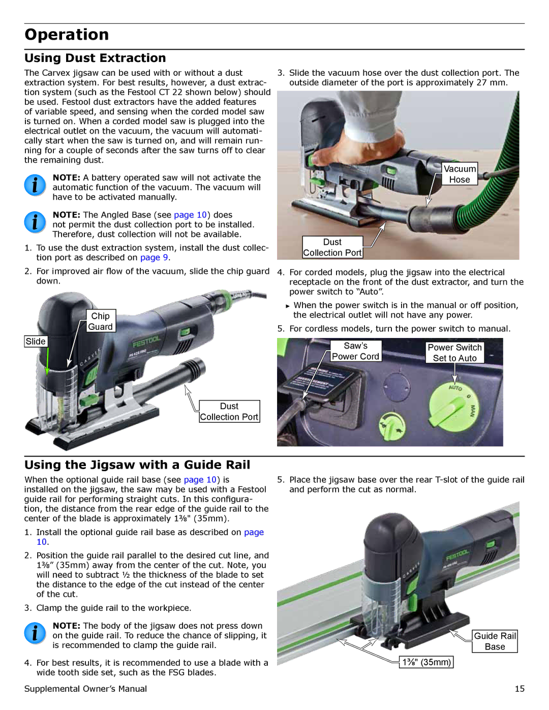 Festool PD561608, PM561593, PI561608, PN561593, PD561593 Operation, Using Dust Extraction, Using the Jigsaw with a Guide Rail 