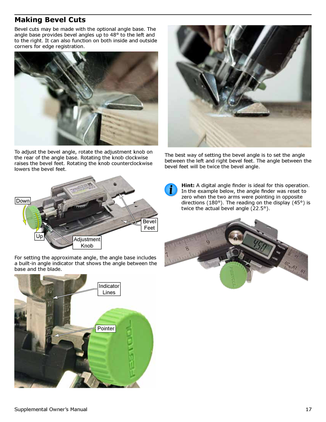 Festool PM561608, PM561593, PI561608, PN561593 Making Bevel Cuts, Down Bevel Feet Adjustment Knob, Indicator Lines Pointer 