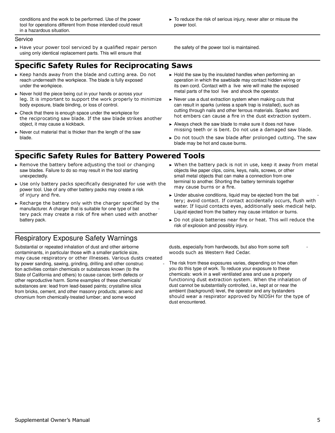 Festool PD561608 Specific Safety Rules for Reciprocating Saws, Specific Safety Rules for Battery Powered Tools, Service 