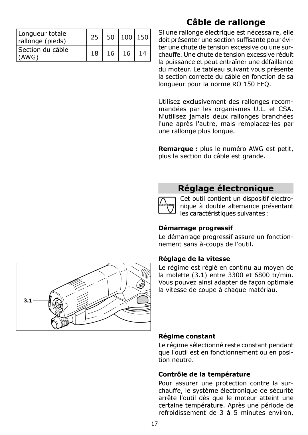 Festool PAC571810, PM571810, PN571810, PAC571782, PI571810 instruction manual Câble de rallonge, Réglage électronique 