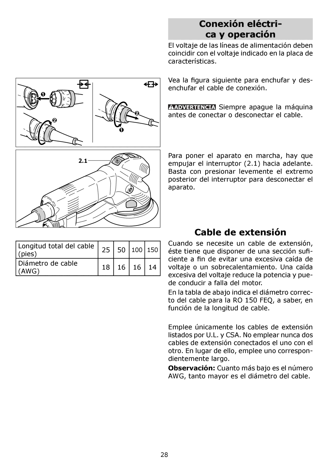 Festool PAC571782, PM571810, PN571810, PAC571810, PI571810 Conexión eléctri Ca y operación, Cable de extensión 