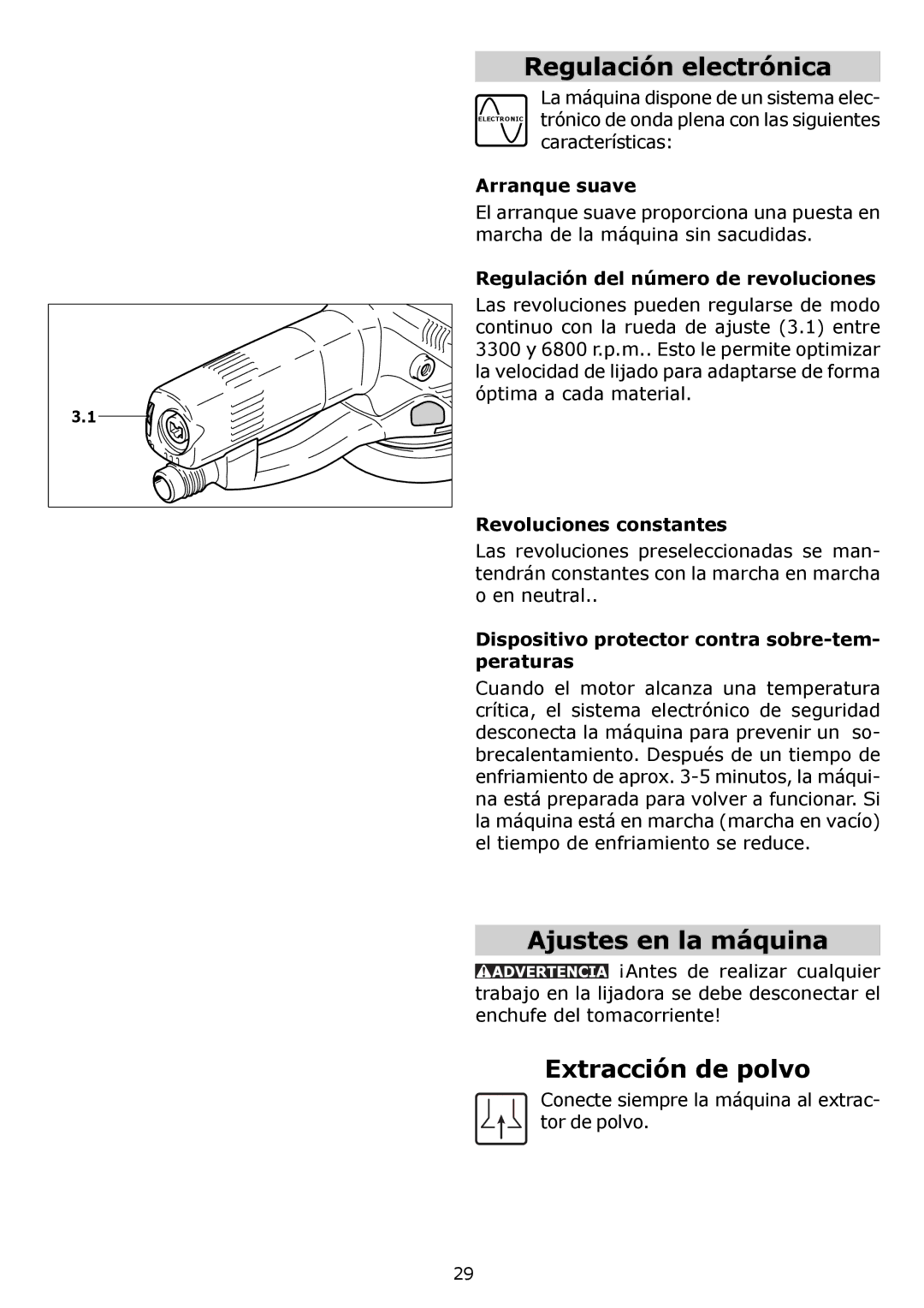 Festool PI571810, PM571810, PN571810, PAC571810, PAC571782 Regulación electrónica, Ajustes en la máquina, Extracción de polvo 