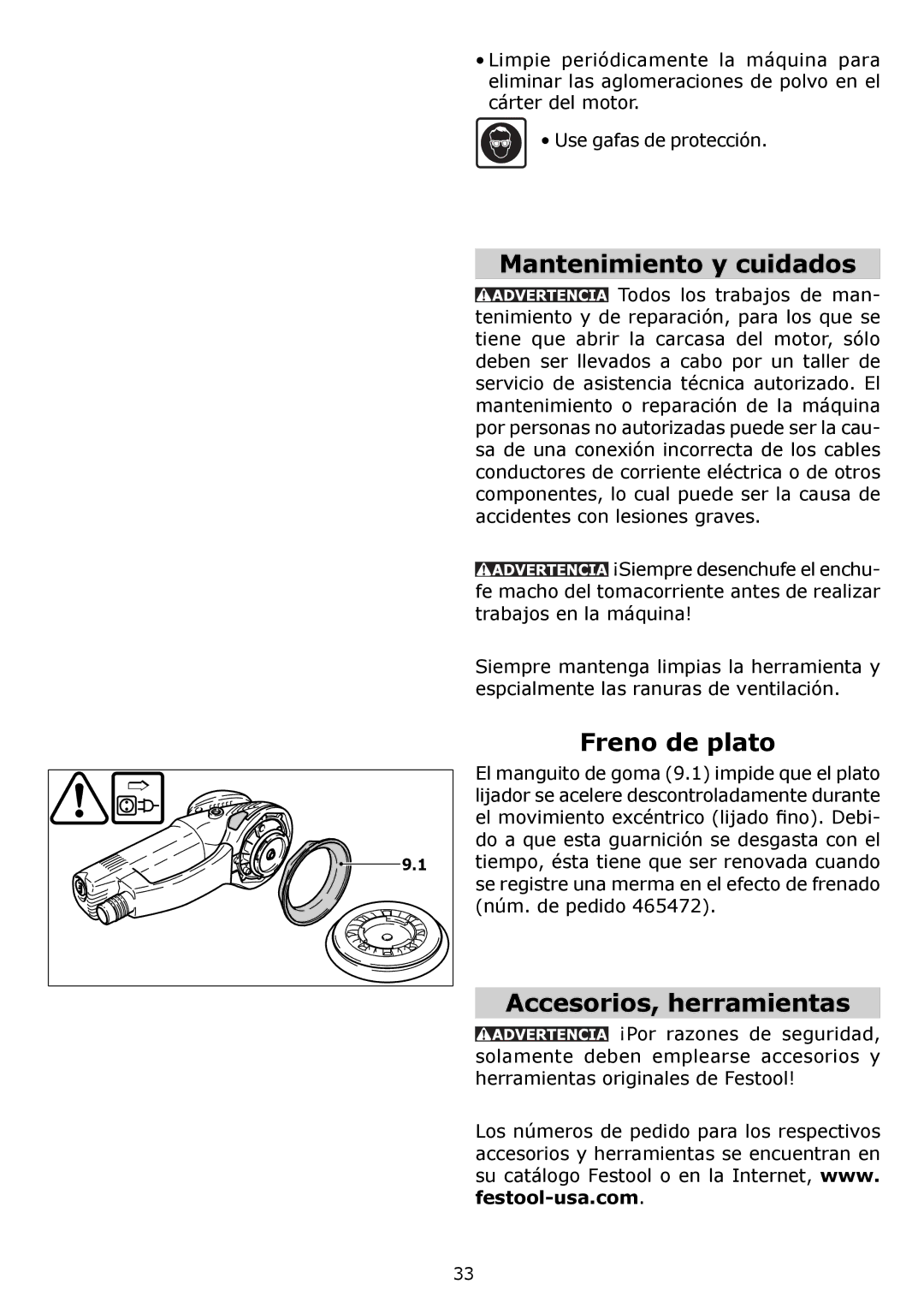 Festool PAC571782, PM571810, PN571810, PAC571810, PI571810 Mantenimiento y cuidados, Freno de plato, Accesorios, herramientas 