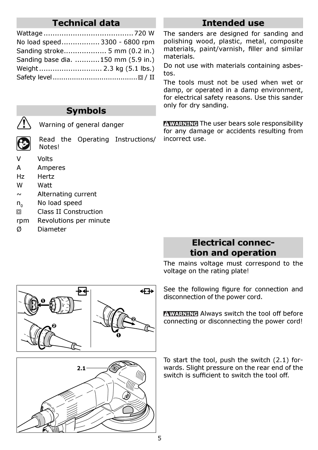 Festool PM571810, PN571810, PAC571810, PI571810 Technical data, Symbols, Intended use, Electrical connec- tion and operation 