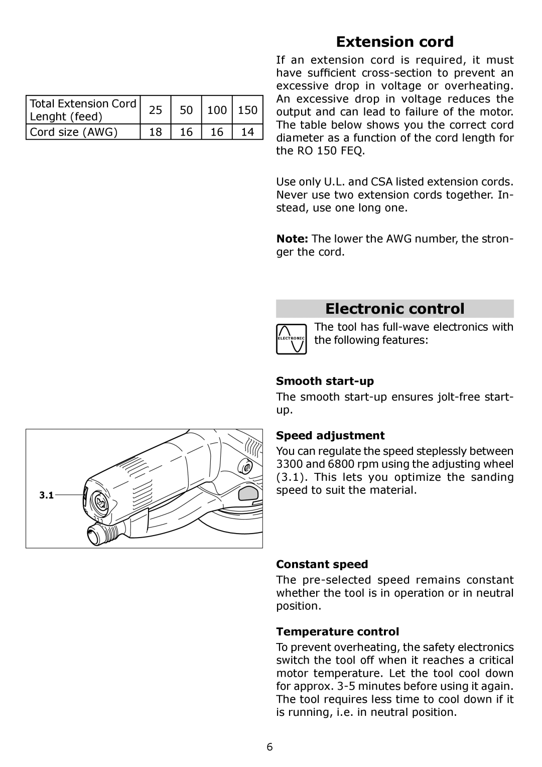 Festool PN571810, PM571810, PAC571810, PAC571782, PI571810 instruction manual Extension cord, Electronic control 