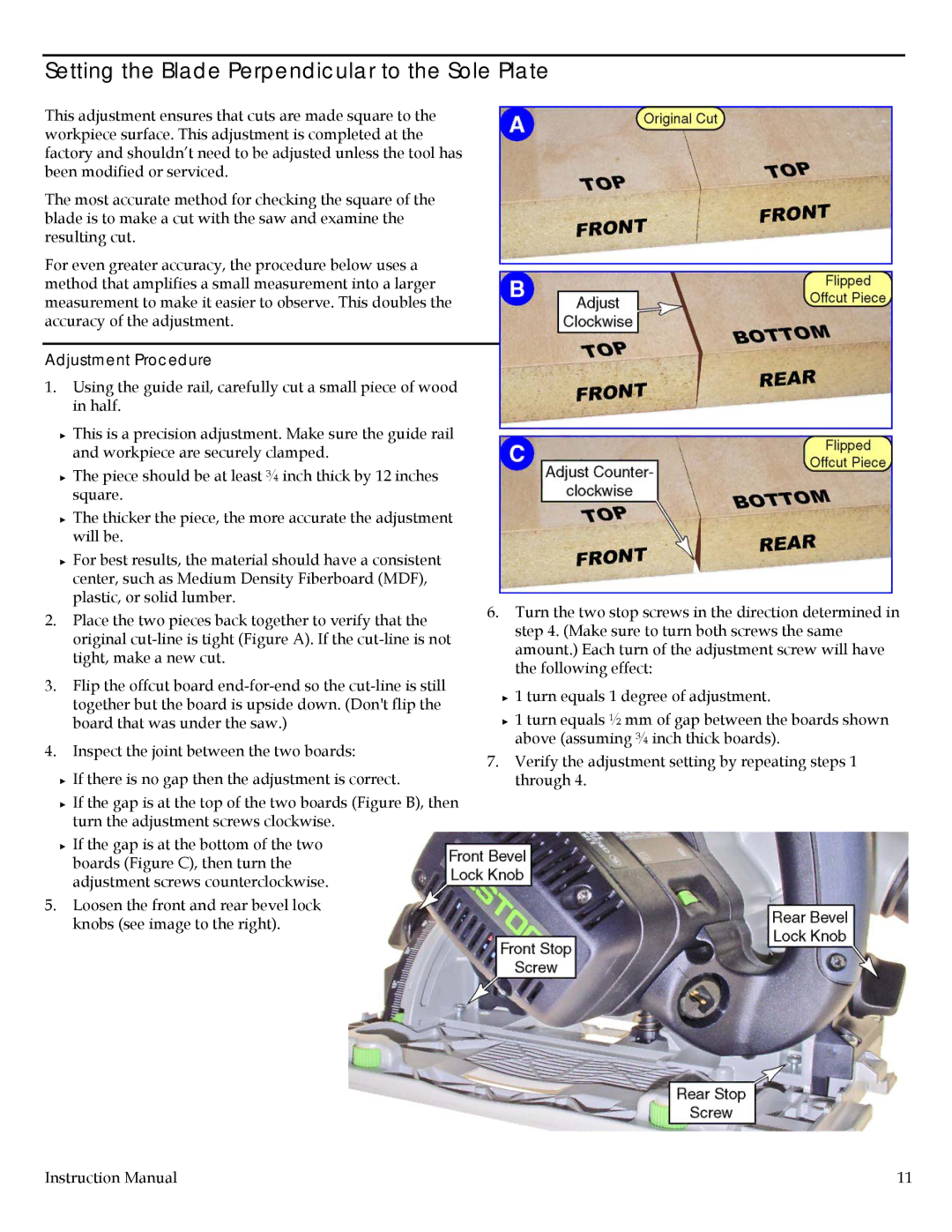 Festool PD561438, PN561438 instruction manual Setting the Blade Perpendicular to the Sole Plate, Adjustment Procedure 