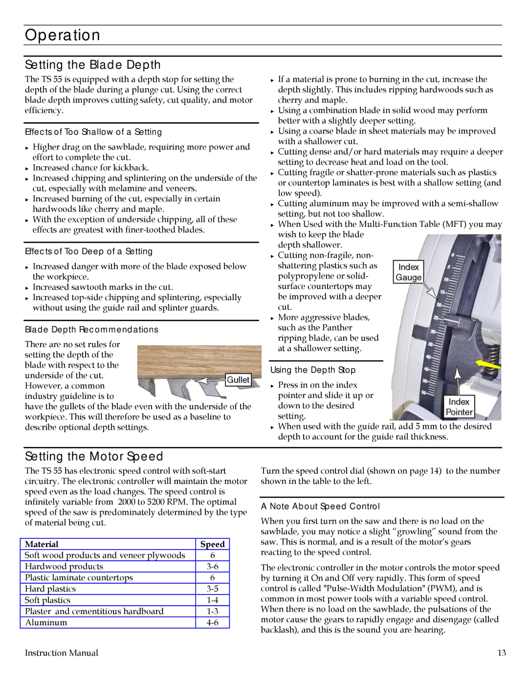 Festool PD561438, PN561438 instruction manual Operation, Setting the Blade Depth, Setting the Motor Speed 