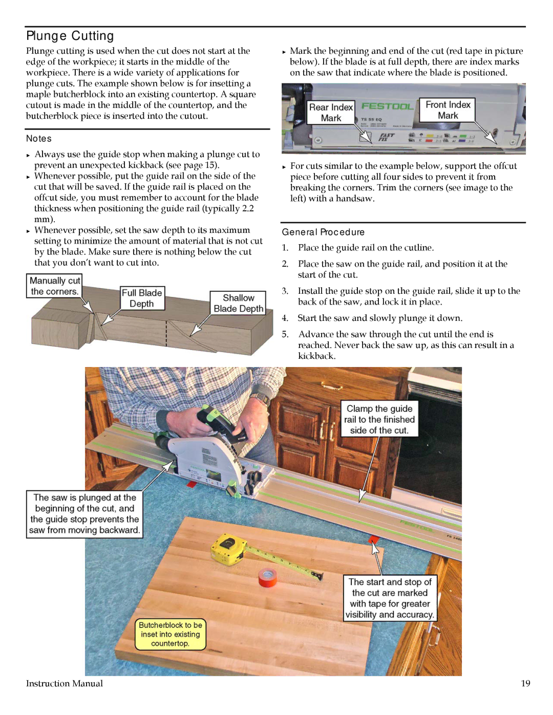 Festool PD561438, PN561438 instruction manual Plunge Cutting, General Procedure 