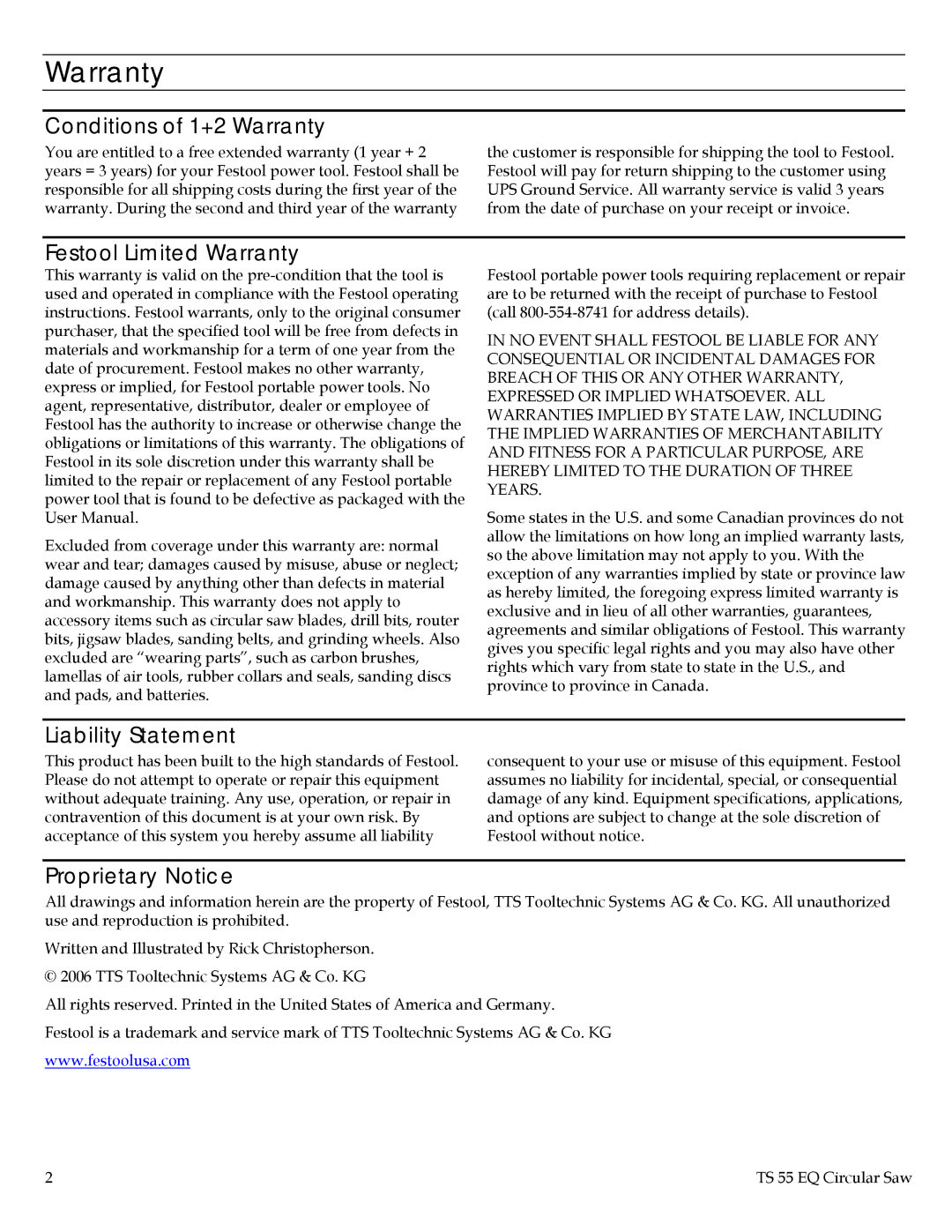 Festool PN561438 Conditions of 1+2 Warranty, Festool Limited Warranty, Liability Statement, Proprietary Notice 