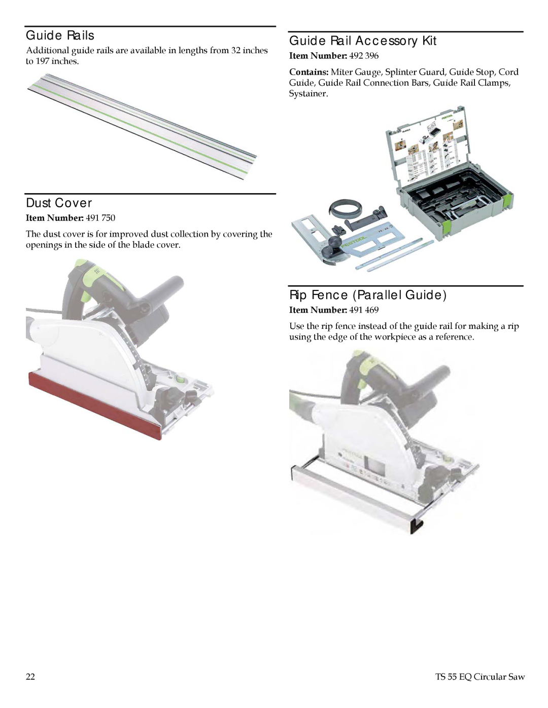 Festool PN561438, PD561438 instruction manual Guide Rails, Dust Cover, Guide Rail Accessory Kit, Rip Fence Parallel Guide 