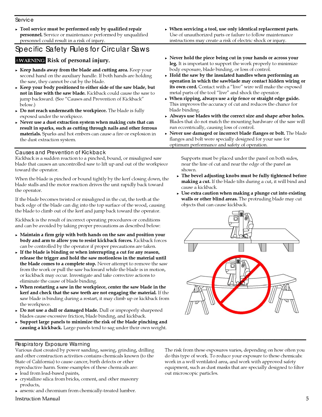 Festool PD561438, PN561438 Specific Safety Rules for Circular Saws, Service, Causes and Prevention of Kickback 