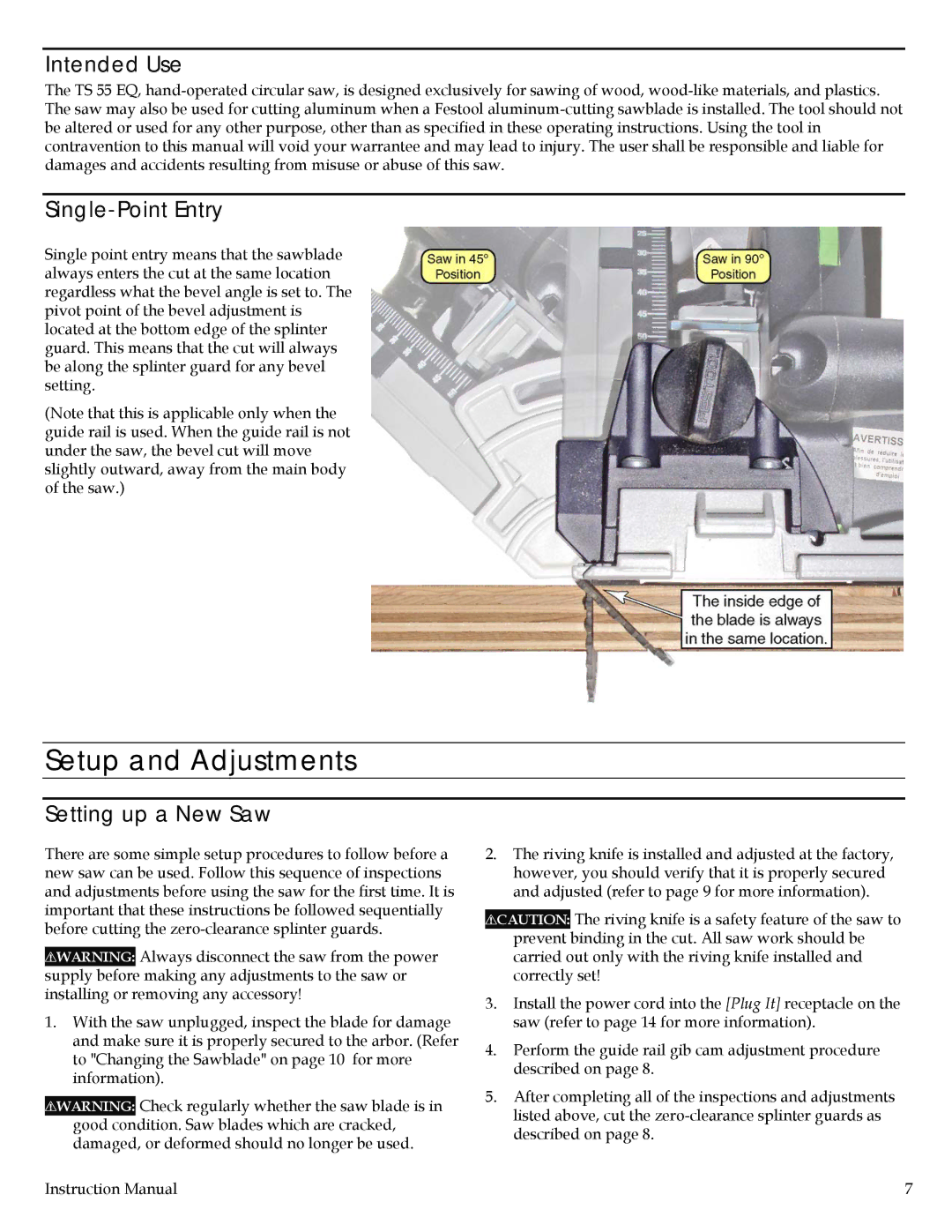 Festool PD561438, PN561438 instruction manual Setup and Adjustments, Intended Use, Single-Point Entry, Setting up a New Saw 