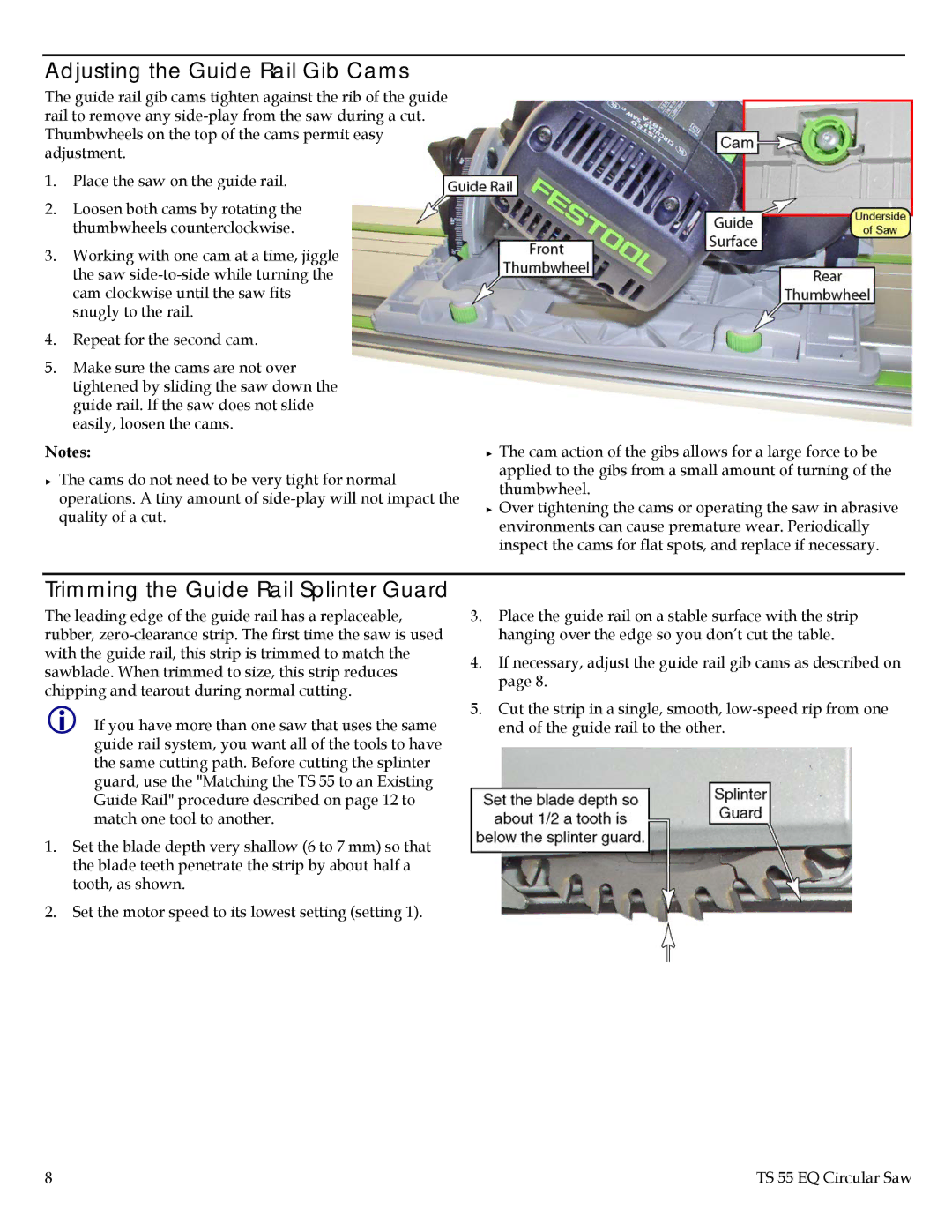 Festool PN561438, PD561438 instruction manual Adjusting the Guide Rail Gib Cams, Trimming the Guide Rail Splinter Guard 