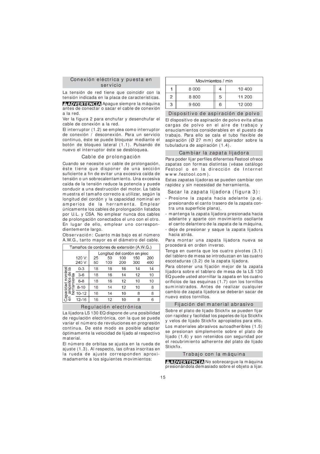 Festool PN567852 instruction manual Conexión eléctrica y puesta en Servicio, Cable de prolongación, Regulación electrónica 