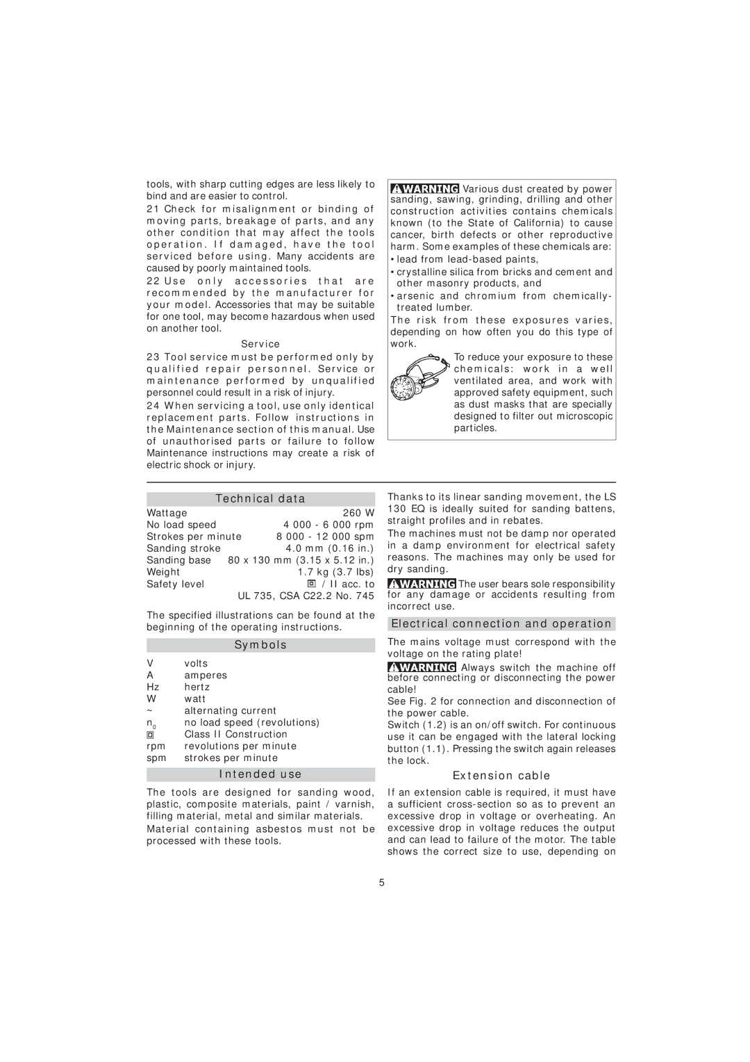 Festool PN567852 instruction manual Technical data, Symbols, Electrical connection and operation, Intended use 