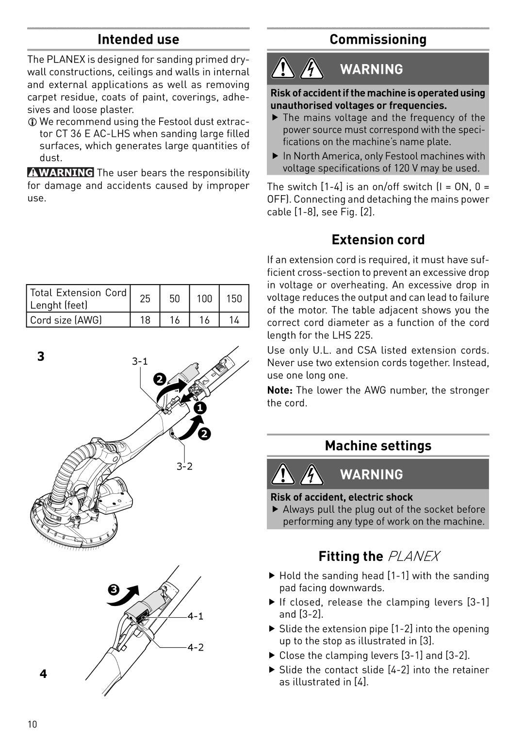 Festool PD571579, PN571579, PI571579 Intended use, Commissioning, Extension cord, Machine settings, Fitting the Planex 