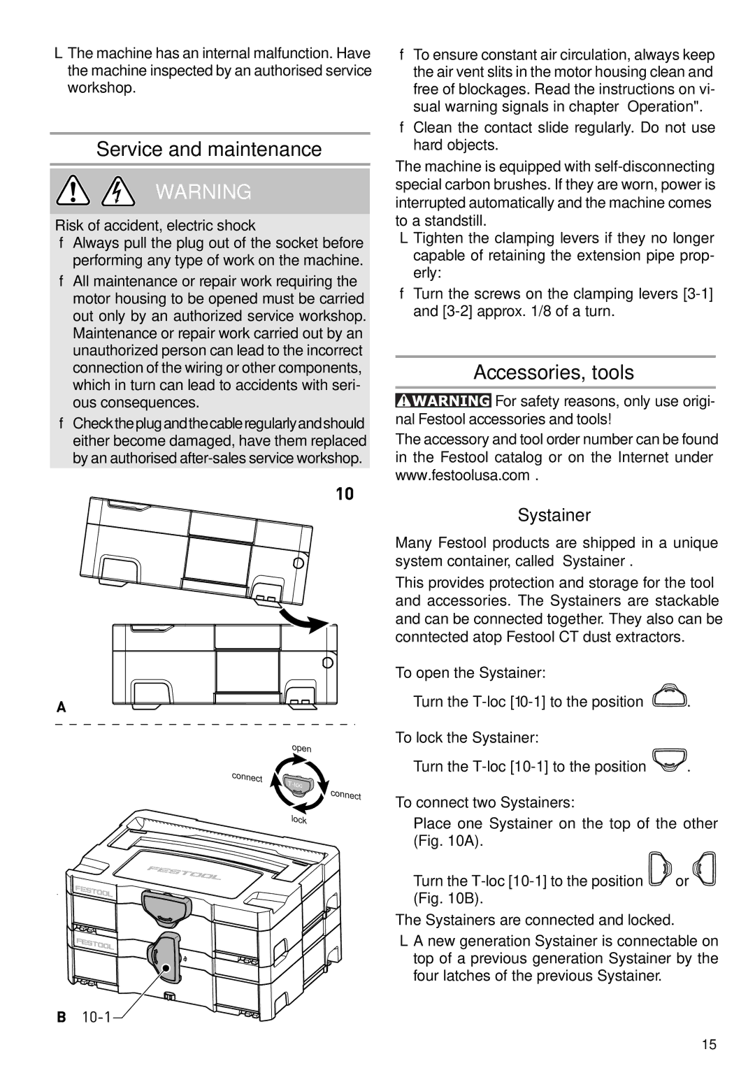 Festool PN571579, PI571579, PD571579 instruction manual Service and maintenance, Accessories, tools, Systainer 