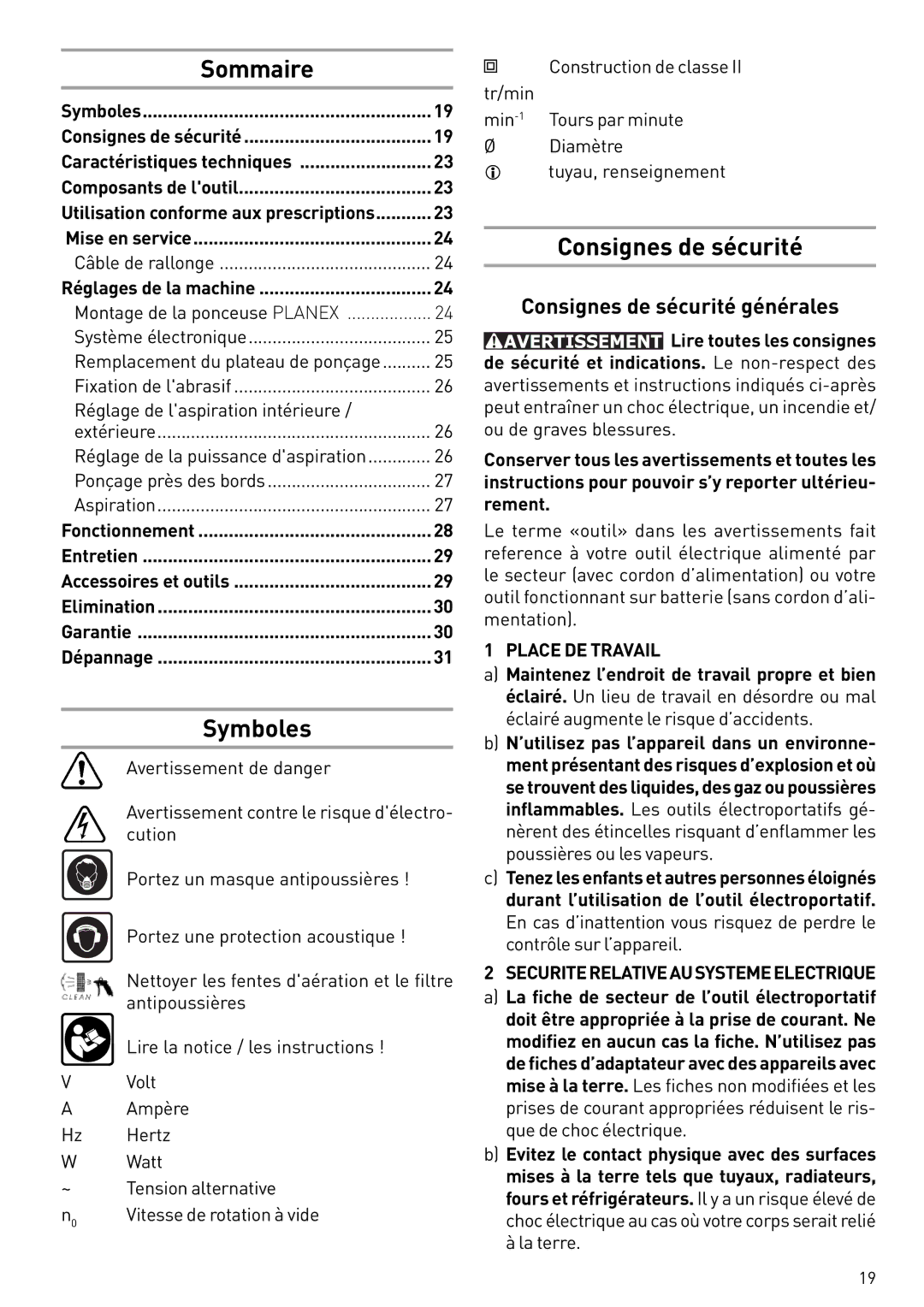 Festool PN571579, PI571579, PD571579 Sommaire, Symboles, Consignes de sécurité générales, Place DE Travail 