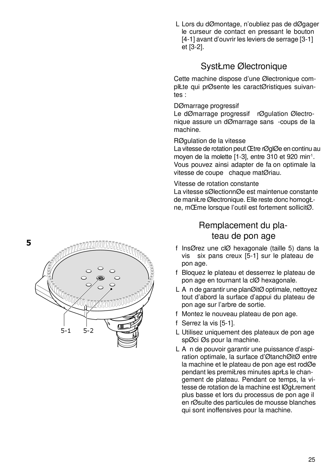 Festool PI571579 Système électronique, Remplacement du pla Teau de ponçage, Démarrage progressif, Régulation de la vitesse 