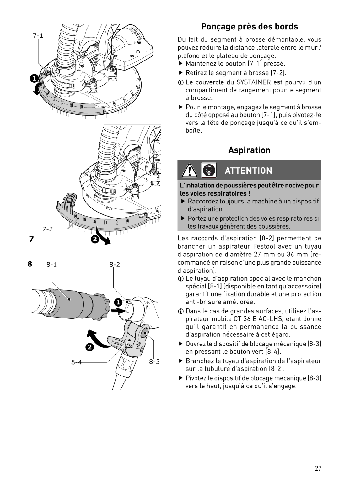 Festool PN571579, PI571579, PD571579 instruction manual Ponçage près des bords, Aspiration 