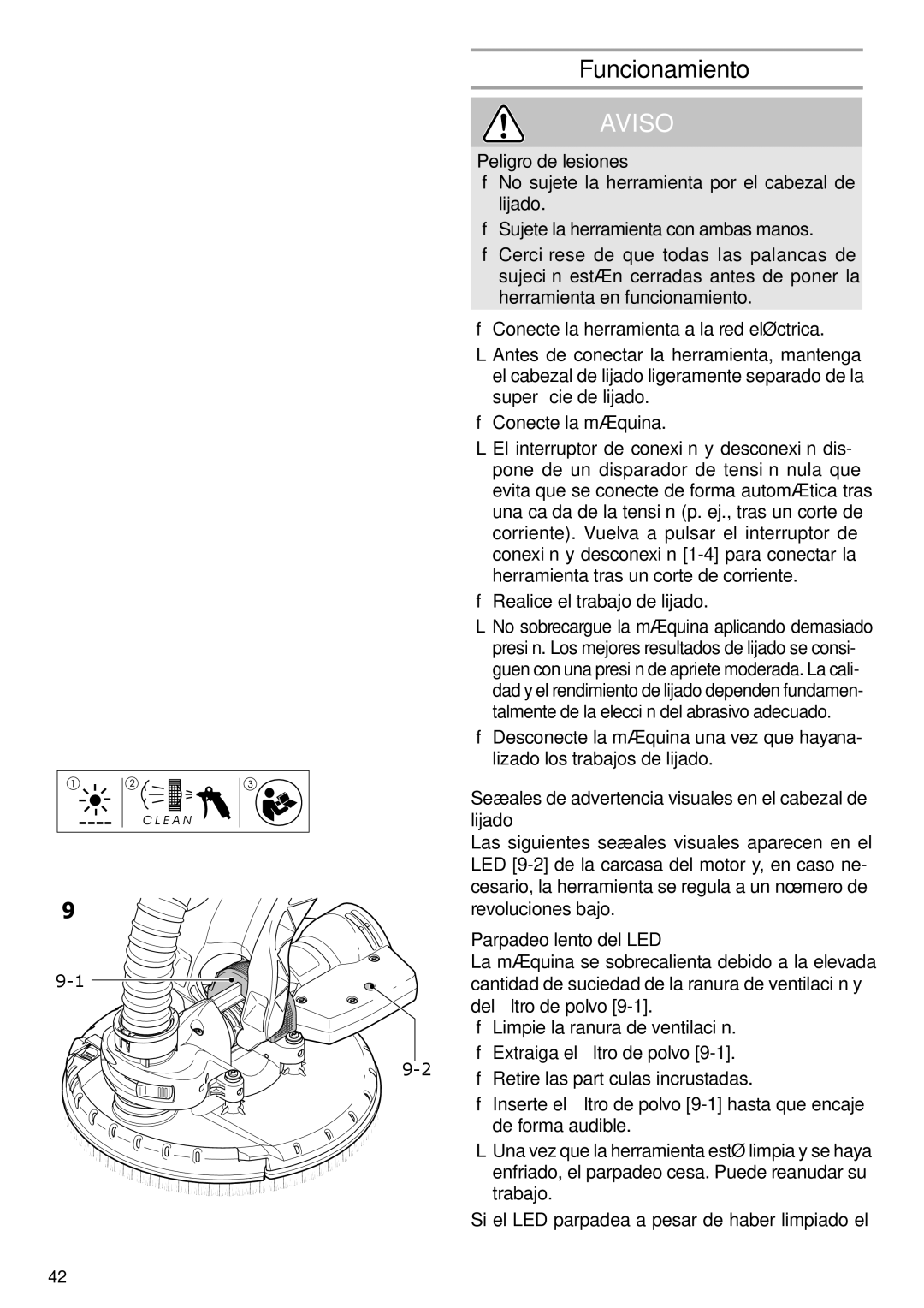 Festool PD571579, PN571579, PI571579 instruction manual Funcionamiento, Peligro de lesiones, Lijado, Parpadeo lento del LED 