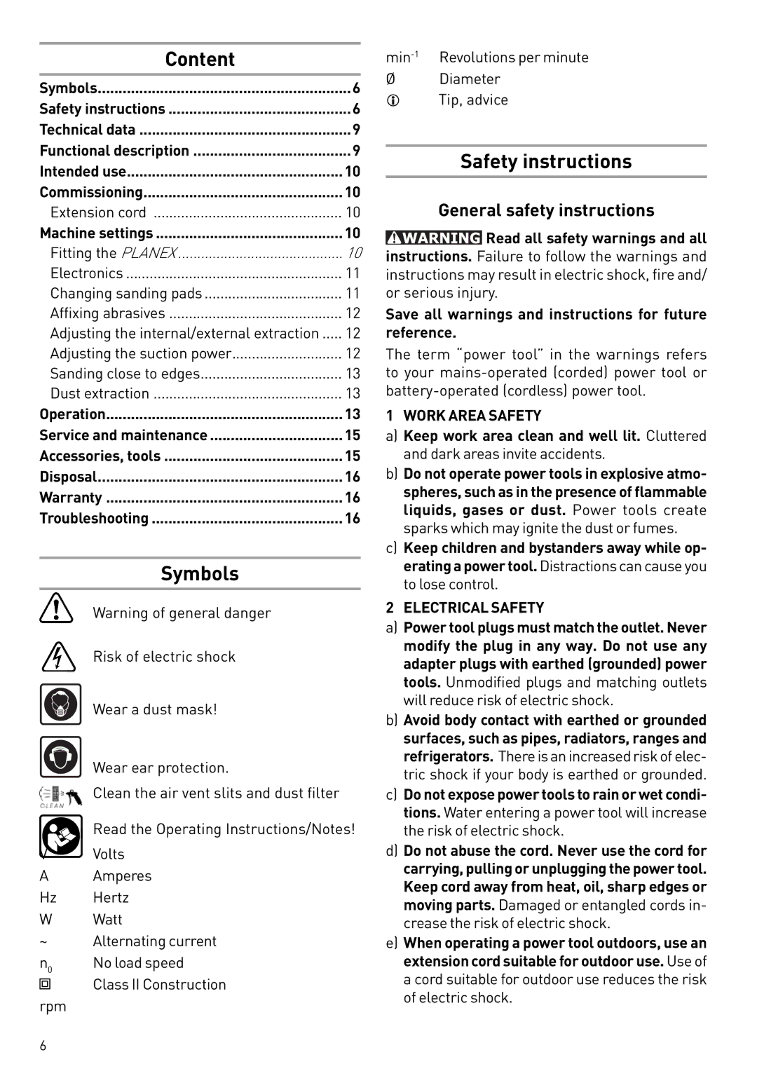 Festool PD571579, PN571579, PI571579 instruction manual Content, Symbols, Safety instructions, General safety instructions 