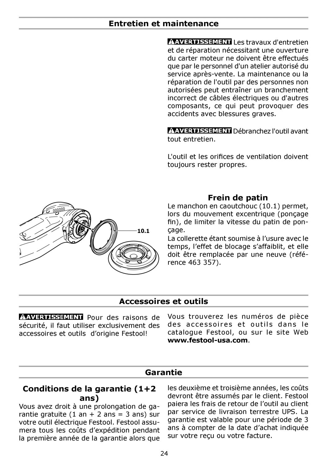 Festool PN571782, PM571782, PI571782 instruction manual Entretien et maintenance, Frein de patin, Accessoires et outils 