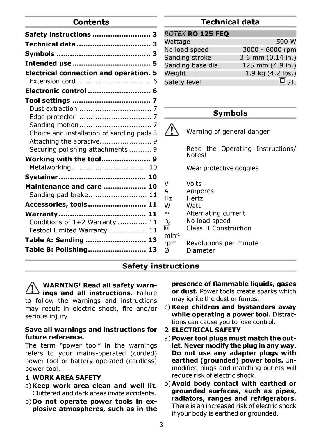 Festool PN571782, PM571782, PI571782 instruction manual Contents Technical data, Symbols, Safety instructions 