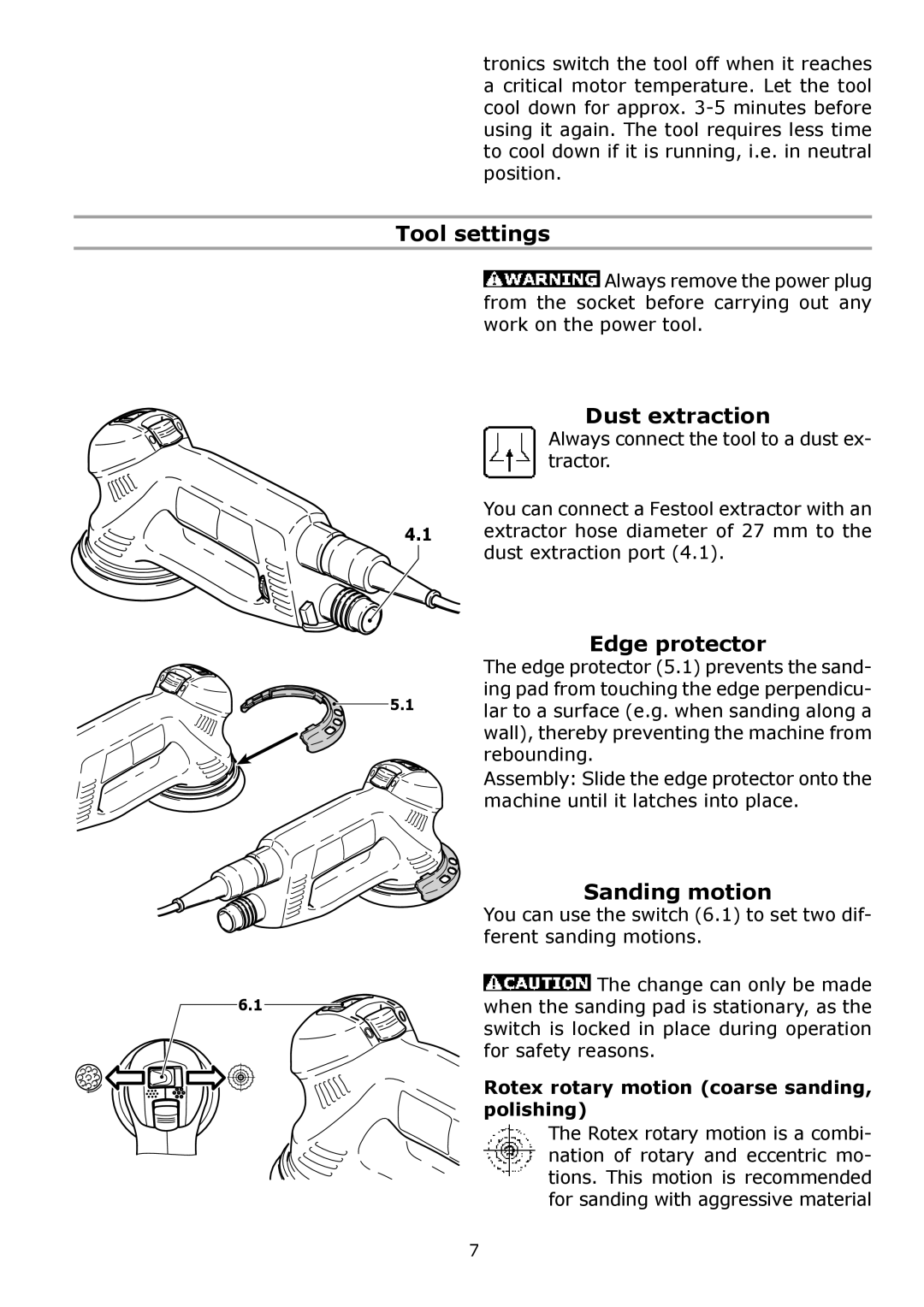 Festool PM571782, PN571782, PI571782 instruction manual Tool settings, Dust extraction, Edge protector, Sanding motion 