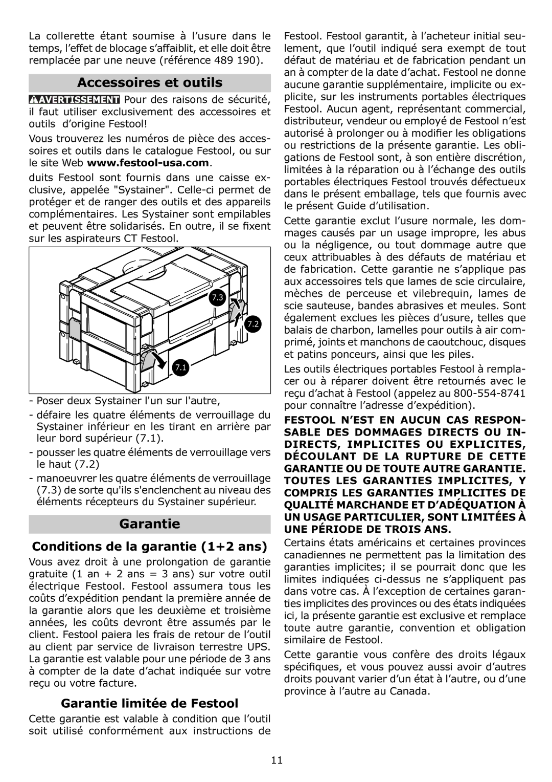 Festool PI571817, PN571817 Accessoires et outils, Conditions de la garantie 1+2 ans, Garantie limitée de Festool 