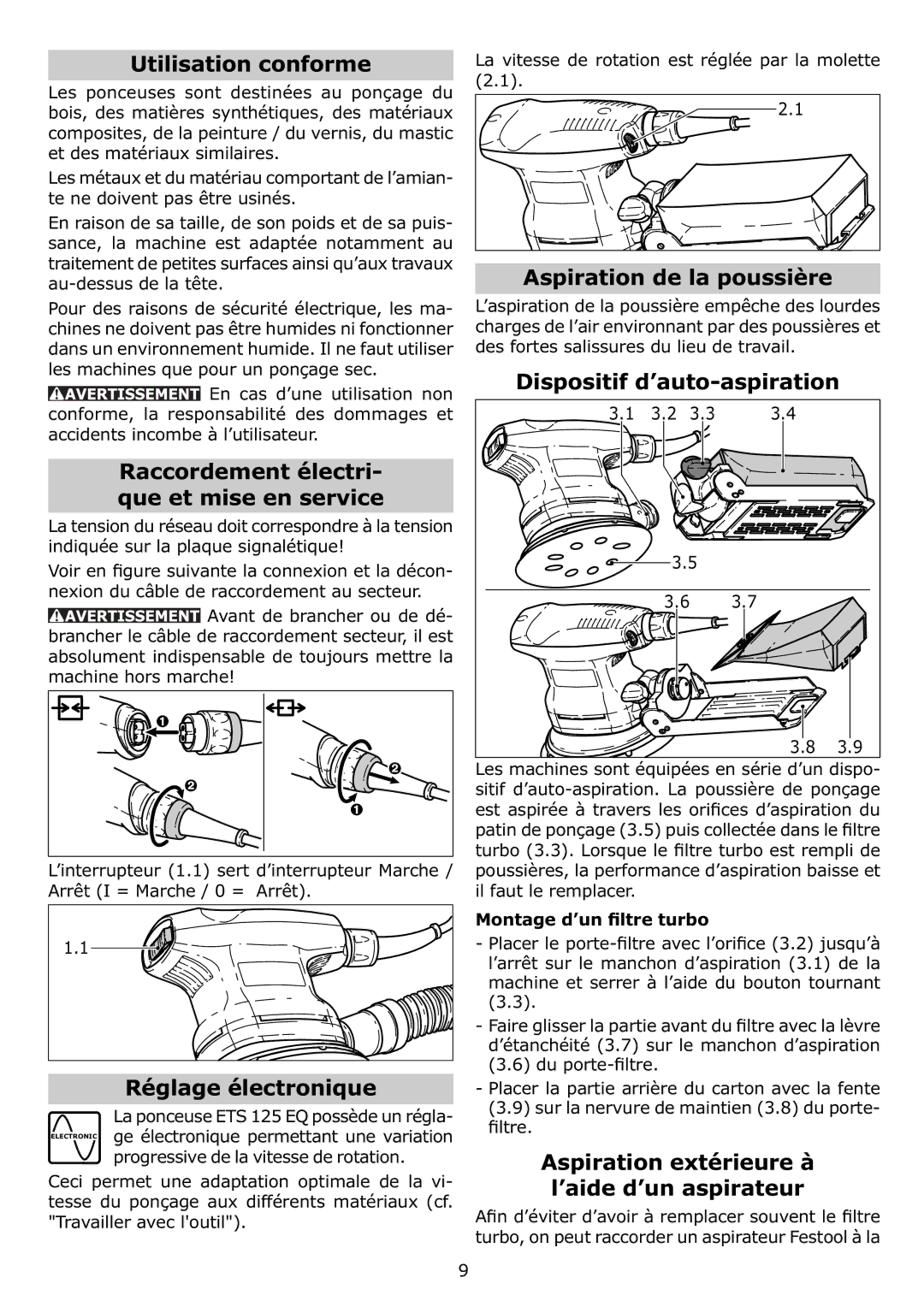 Festool ETS 125 EQ, PN571817 Utilisation conforme, Raccordement électri Que et mise en service, Réglage électronique 