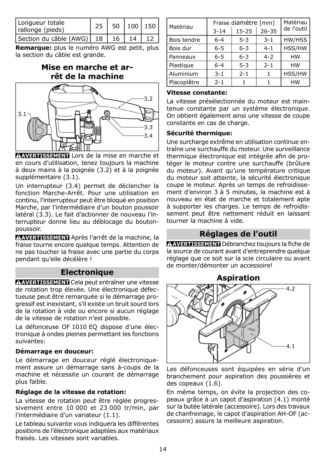 Festool OF 1010 EQ, PN574339 Mise en marche et ar Rêt de la machine, Electronique, Réglages de l’outil, Aspiration 