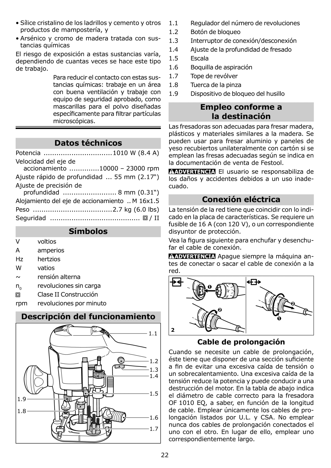 Festool OF 1010 EQ, PN574339 Datos téchnicos, Símbolos, Descripción del funcionamiento, Empleo conforme a La destinación 