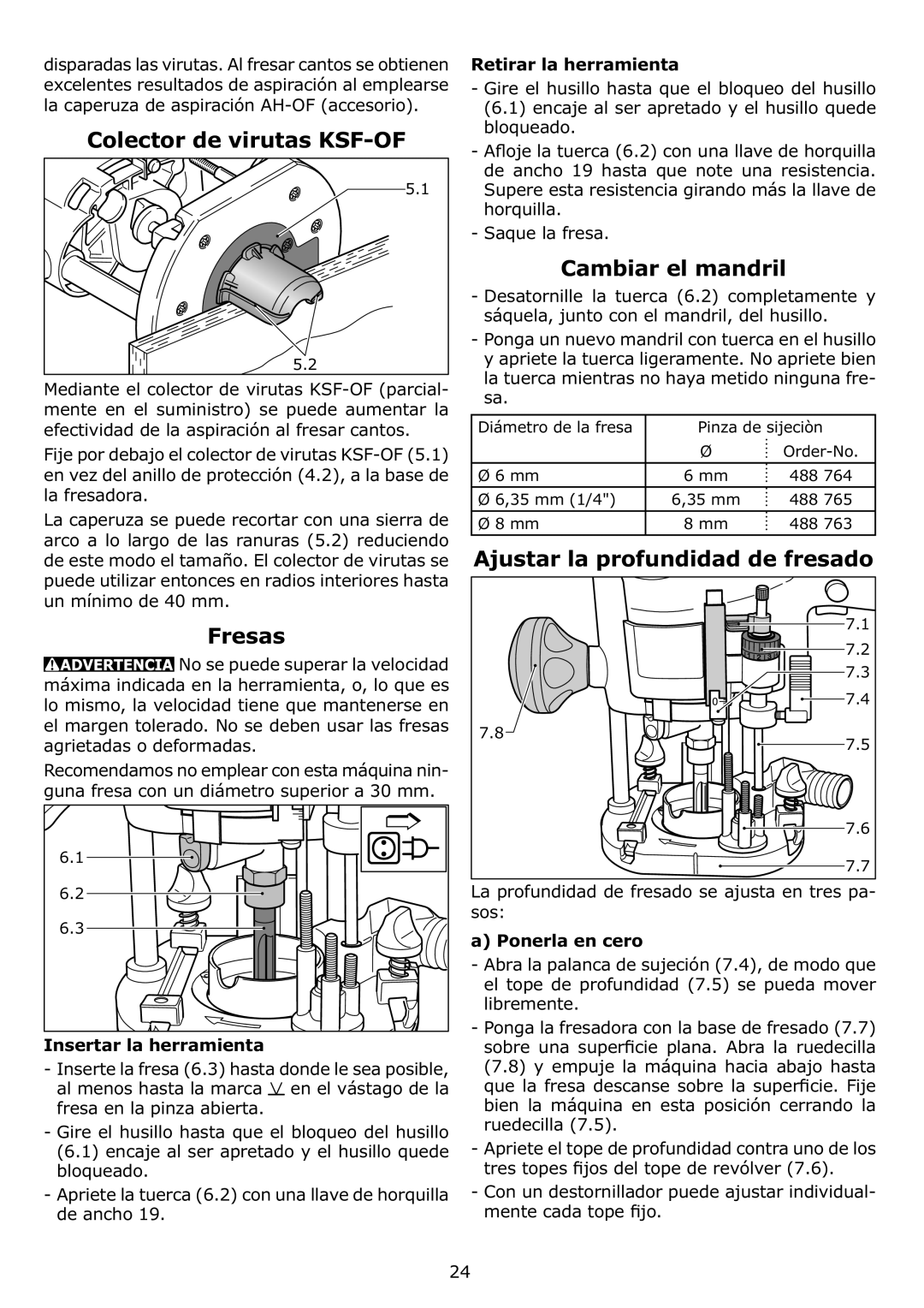 Festool PN574339, PI574339 Colector de virutas KSF-OF, Cambiar el mandril, Ajustar la profundidad de fresado Fresas 